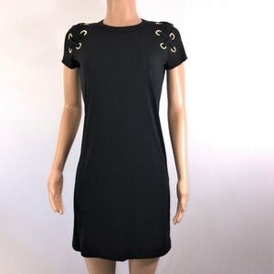 Michael Kors- Black Mini Dress w/ Gold Grommets Minimalist Mod Sz.Medium